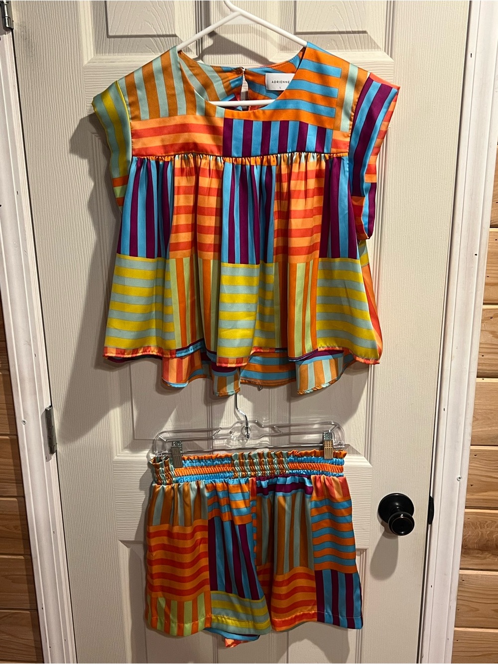 Adrienne Bright Orange, Yellow, Blue & Purple Striped Women's Top and Shorts Set